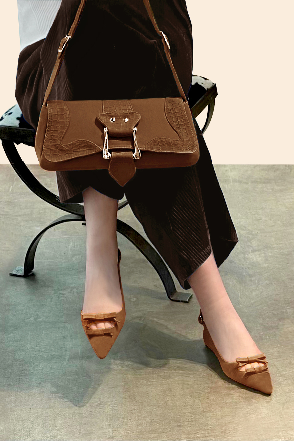 Caramel brown women's dress handbag, matching pumps and belts. Worn view - Florence KOOIJMAN